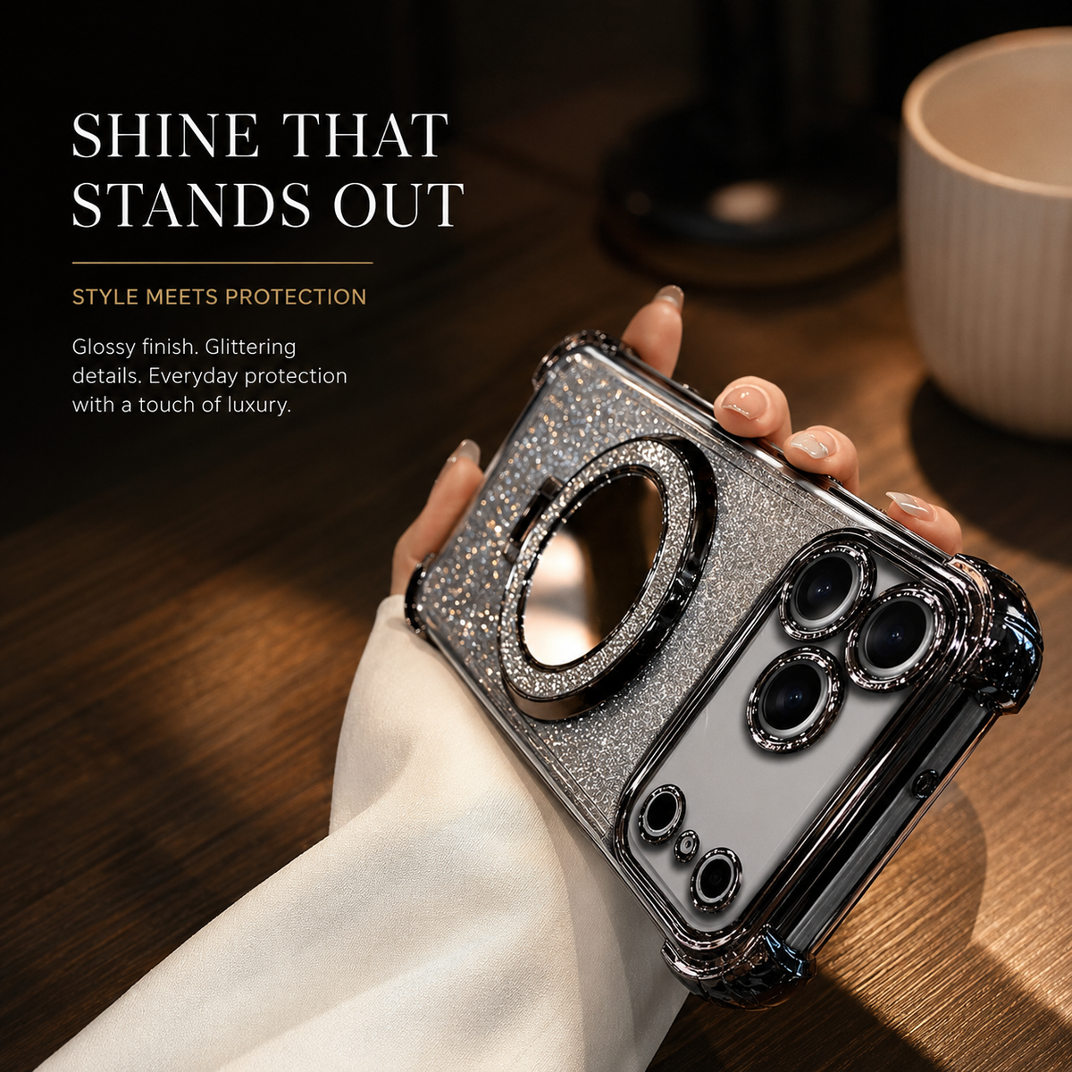Premium iPhone Case Glitter Mirror Magnetic Kickstand Shockproof Silicone Protective Cover Camera Protection Anti Scratch Dust Resistant Non Slip Slim Sparkle