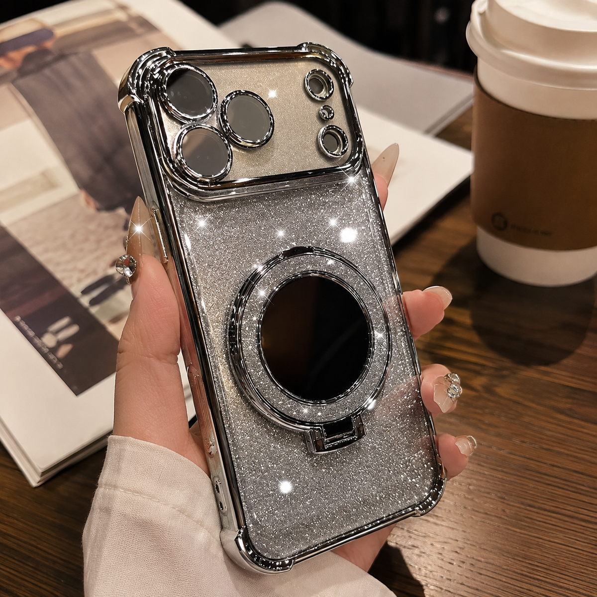 Premium iPhone Case Glitter Mirror Magnetic Kickstand Shockproof Silicone Protective Cover Camera Protection Anti Scratch Dust Resistant Non Slip Slim Sparkle