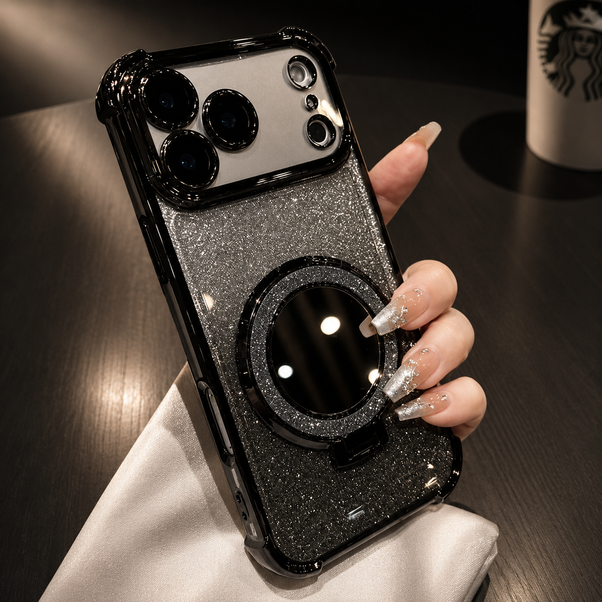 Premium iPhone Case Glitter Mirror Magnetic Kickstand Shockproof Silicone Protective Cover Camera Protection Anti Scratch Dust Resistant Non Slip Slim Sparkle