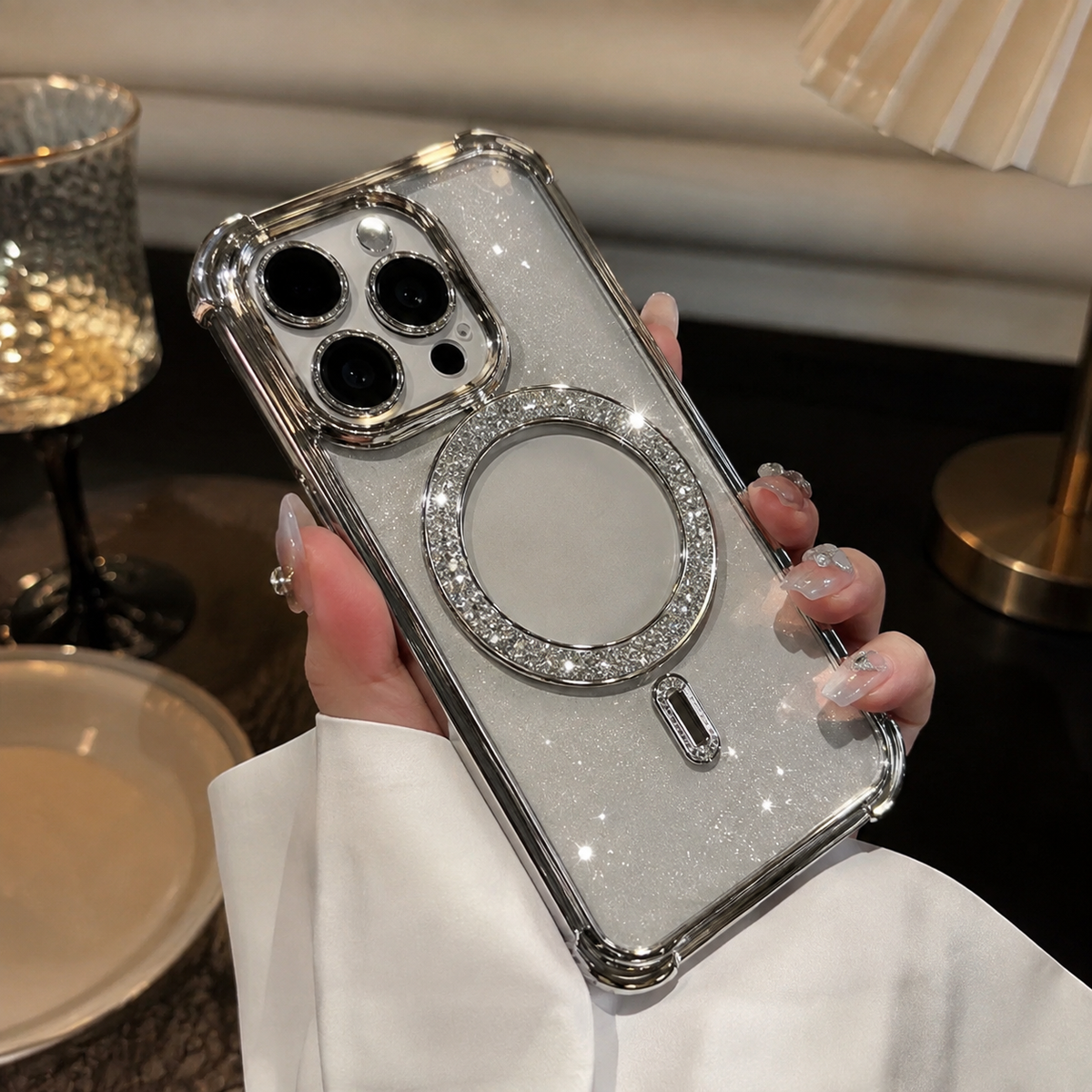 Premium iPhone Case Glitter Mirror Magnetic Kickstand Shockproof Silicone Protective Cover Camera Protection Anti Scratch Dust Resistant Non Slip Slim Sparkle