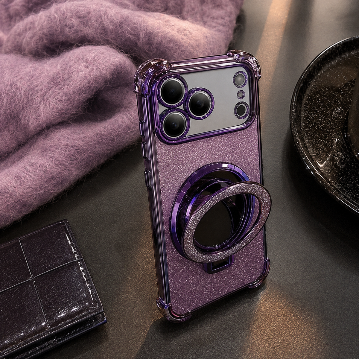 Premium iPhone Case Glitter Mirror Magnetic Kickstand Shockproof Silicone Protective Cover Camera Protection Anti Scratch Dust Resistant Non Slip Slim Sparkle