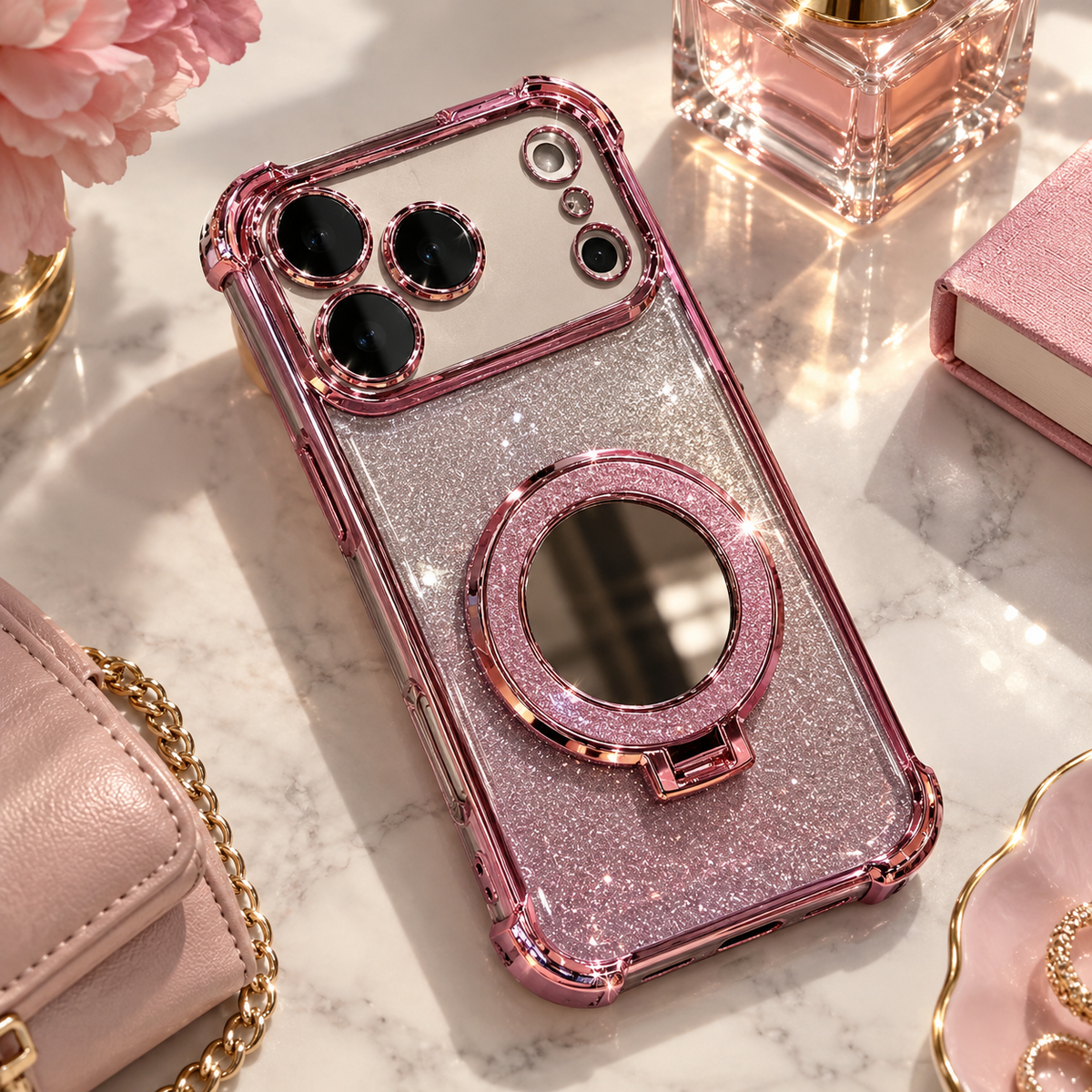 Premium iPhone Case Glitter Mirror Magnetic Kickstand Shockproof Silicone Protective Cover Camera Protection Anti Scratch Dust Resistant Non Slip Slim Sparkle