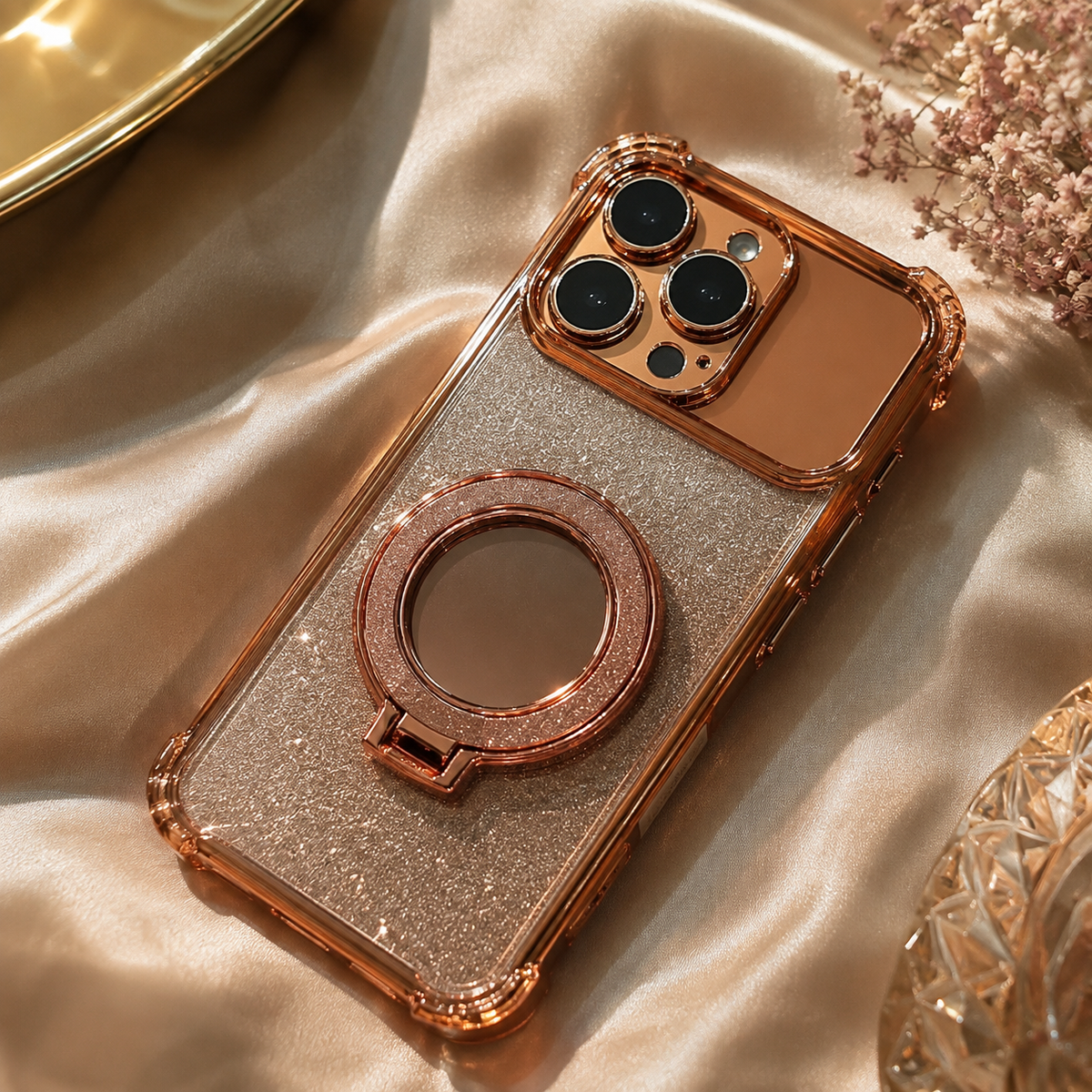 Premium iPhone Case Glitter Mirror Magnetic Kickstand Shockproof Silicone Protective Cover Camera Protection Anti Scratch Dust Resistant Non Slip Slim Sparkle