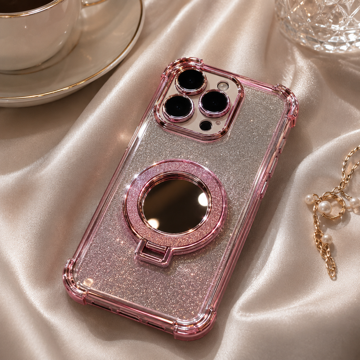 Premium iPhone Case Glitter Mirror Magnetic Kickstand Shockproof Silicone Protective Cover Camera Protection Anti Scratch Dust Resistant Non Slip Slim Sparkle