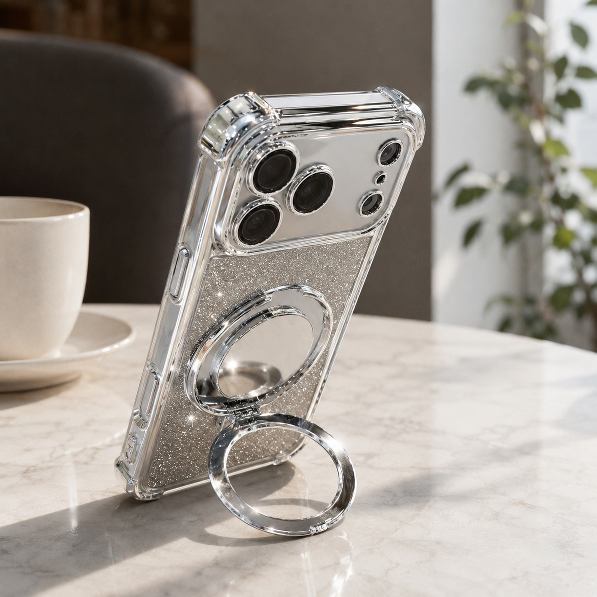 Premium iPhone Case Glitter Mirror Magnetic Kickstand Shockproof Silicone Protective Cover Camera Protection Anti Scratch Dust Resistant Non Slip Slim Sparkle