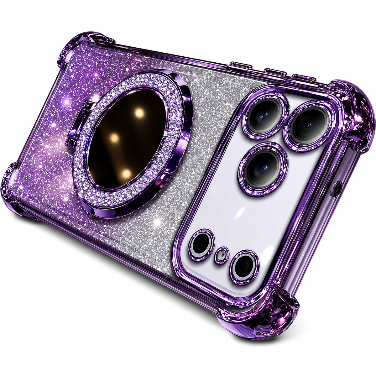 Premium iPhone Case Glitter Mirror Magnetic Kickstand Shockproof Silicone Protective Cover Camera Protection Anti Scratch Dust Resistant Non Slip Slim Sparkle
