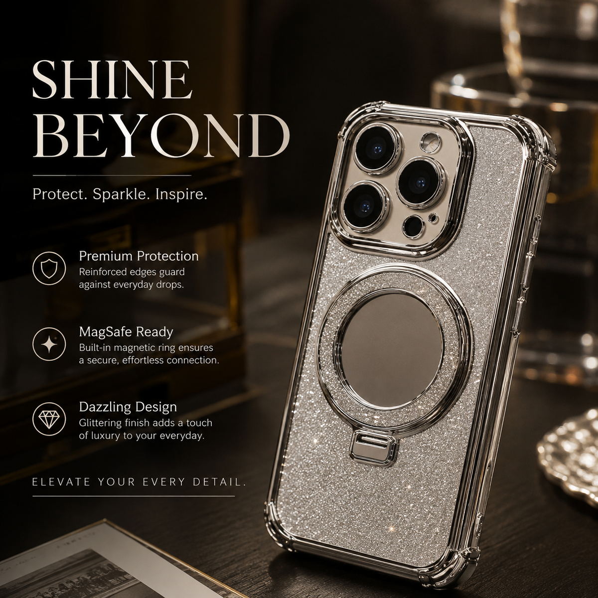 Premium iPhone Case Glitter Mirror Magnetic Kickstand Shockproof Silicone Protective Cover Camera Protection Anti Scratch Dust Resistant Non Slip Slim Sparkle