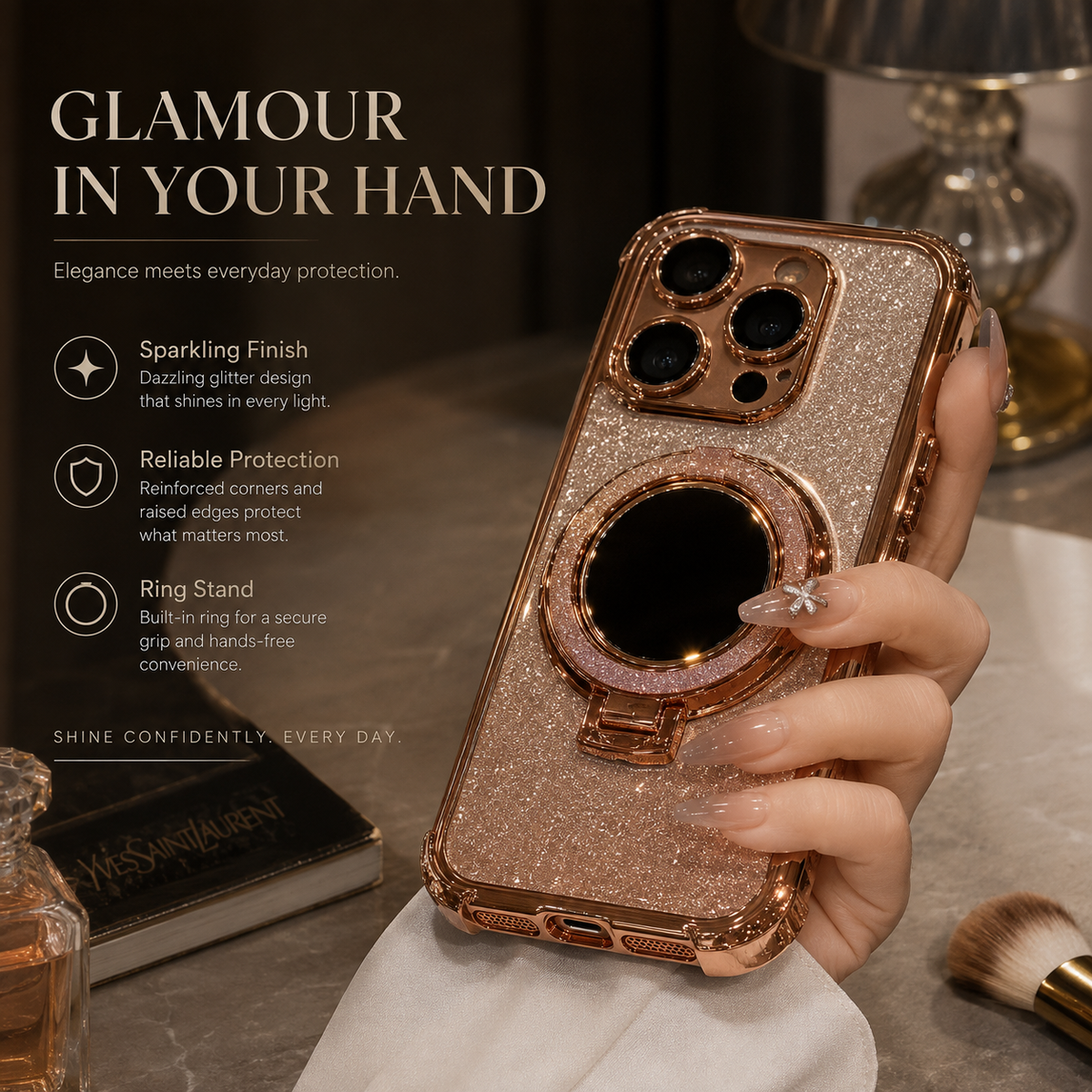 Premium iPhone Case Glitter Mirror Magnetic Kickstand Shockproof Silicone Protective Cover Camera Protection Anti Scratch Dust Resistant Non Slip Slim Sparkle