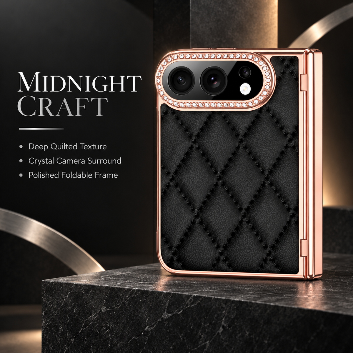 Premium iPhone Case Golden Glitter Diamond Leather Hinge Glass Screen Protector Shockproof PC Foldable Anti Scratch Non Slip Protective Flip Cover Case