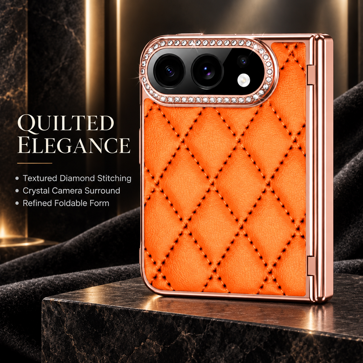 Premium iPhone Case Golden Glitter Diamond Leather Hinge Glass Screen Protector Shockproof PC Foldable Anti Scratch Non Slip Protective Flip Cover Case