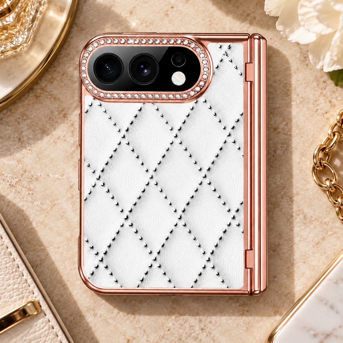 Premium iPhone Case Golden Glitter Diamond Leather Hinge Glass Screen Protector Shockproof PC Foldable Anti Scratch Non Slip Protective Flip Cover Case