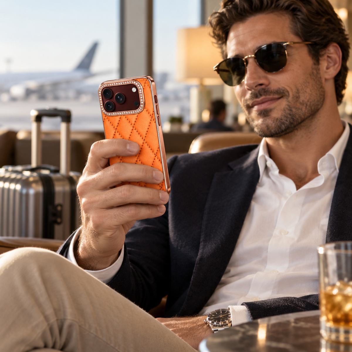 Premium iPhone Case Golden Glitter Diamond Leather Hinge Glass Screen Protector Shockproof PC Foldable Anti Scratch Non Slip Protective Flip Cover Case