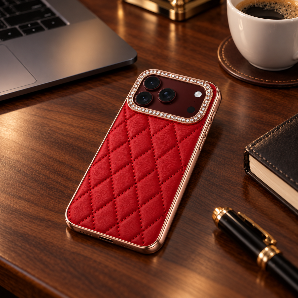 Premium iPhone Case Golden Glitter Diamond Leather Hinge Glass Screen Protector Shockproof PC Foldable Anti Scratch Non Slip Protective Flip Cover Case
