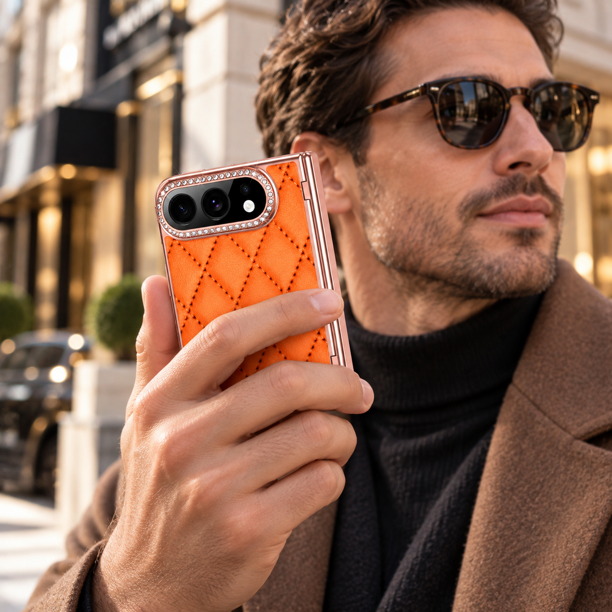 Premium iPhone Case Golden Glitter Diamond Leather Hinge Glass Screen Protector Shockproof PC Foldable Anti Scratch Non Slip Protective Flip Cover Case