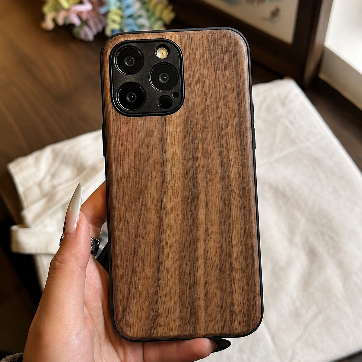 Premium iPhone Case Handmade Walnut Wood Shockproof Protective Cover TPU PC Hybrid Magnetic Attachment Anti Scratch Non Slip Slim Natural Wood Full Coverage