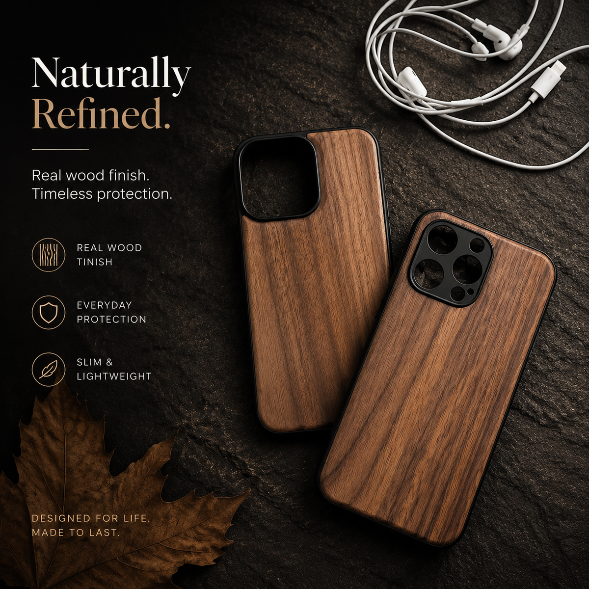 Premium iPhone Case Handmade Walnut Wood Shockproof Protective Cover TPU PC Hybrid Magnetic Attachment Anti Scratch Non Slip Slim Natural Wood Full Coverage
