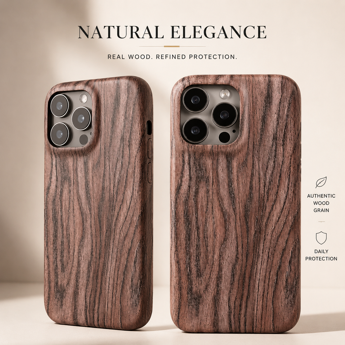 Premium iPhone Case Handmade Walnut Wood Shockproof Protective Cover TPU PC Hybrid Magnetic Attachment Anti Scratch Non Slip Slim Natural Wood Full Coverage