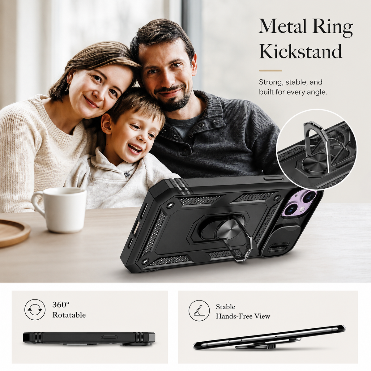Premium iPhone Case Heavy Duty 360 Ring Kickstand Camera Lens Protection Full Coverage Anti Scratch Dustproof Shockproof Rugged Protective Cover