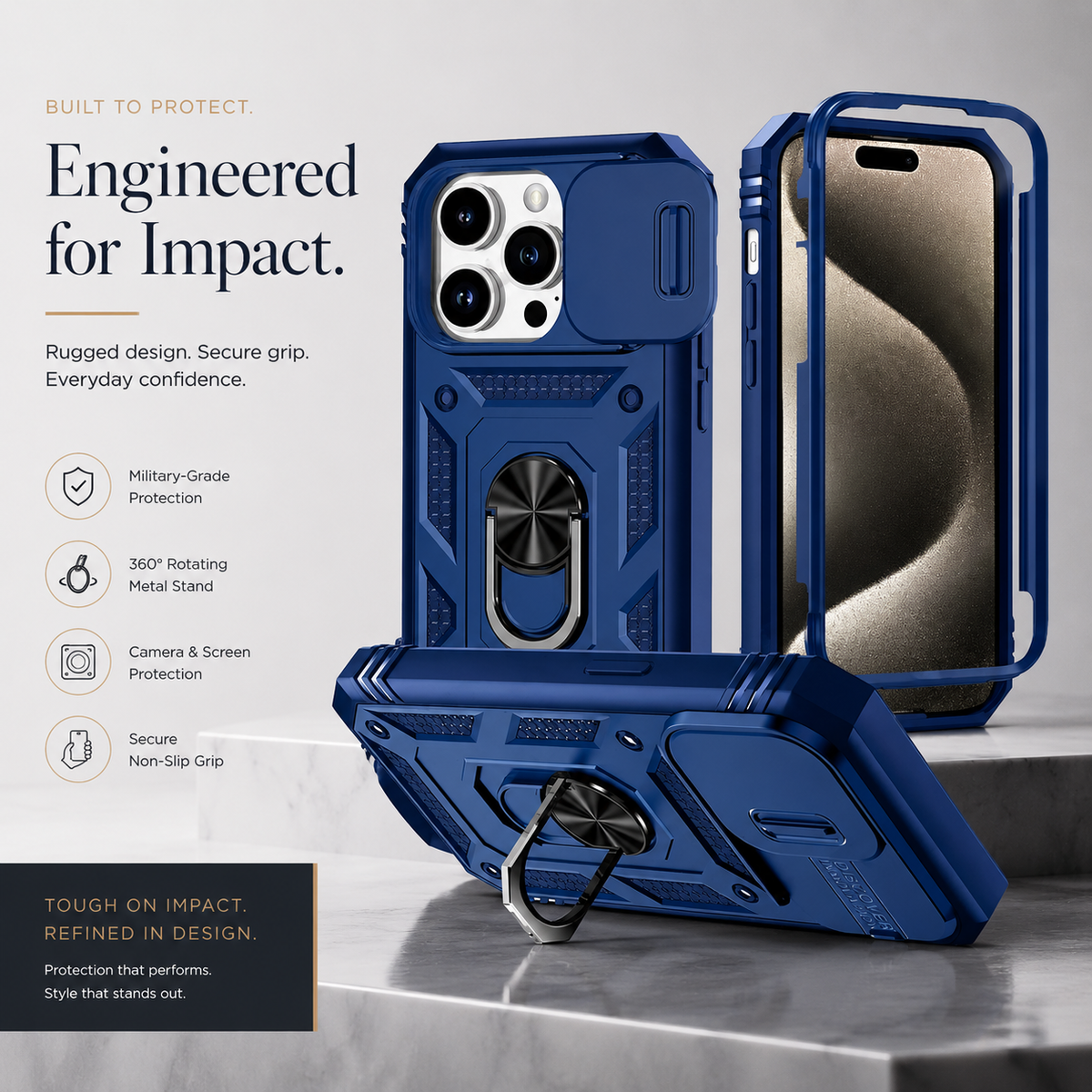 Premium iPhone Case Heavy Duty 360 Ring Kickstand Camera Lens Protection Full Coverage Anti Scratch Dustproof Shockproof Rugged Protective Cover