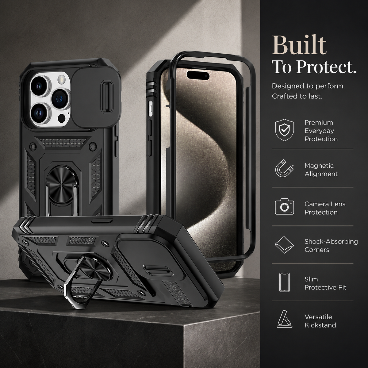 Premium iPhone Case Heavy Duty 360 Ring Kickstand Camera Lens Protection Full Coverage Anti Scratch Dustproof Shockproof Rugged Protective Cover