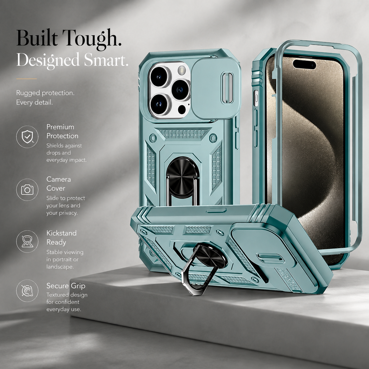 Premium iPhone Case Heavy Duty 360 Ring Kickstand Camera Lens Protection Full Coverage Anti Scratch Dustproof Shockproof Rugged Protective Cover
