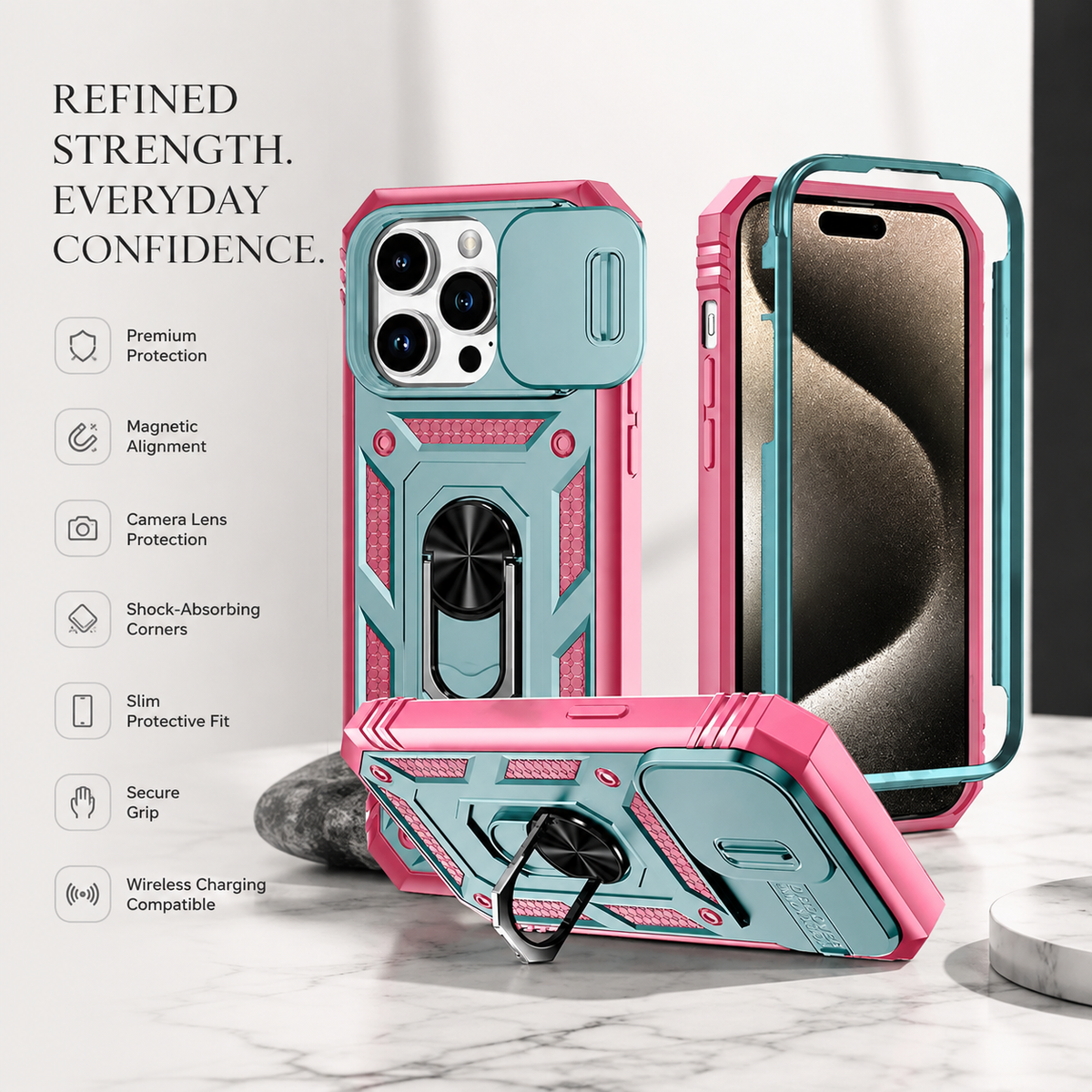 Premium iPhone Case Heavy Duty 360 Ring Kickstand Camera Lens Protection Full Coverage Anti Scratch Dustproof Shockproof Rugged Protective Cover