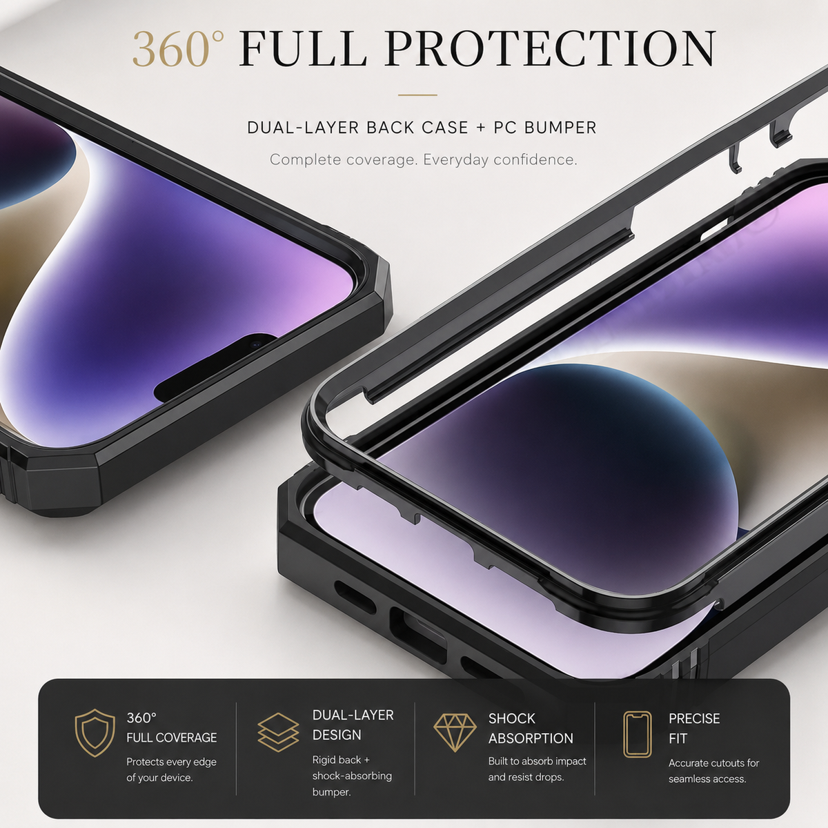 Premium iPhone Case Heavy Duty 360 Ring Kickstand Camera Lens Protection Full Coverage Anti Scratch Dustproof Shockproof Rugged Protective Cover
