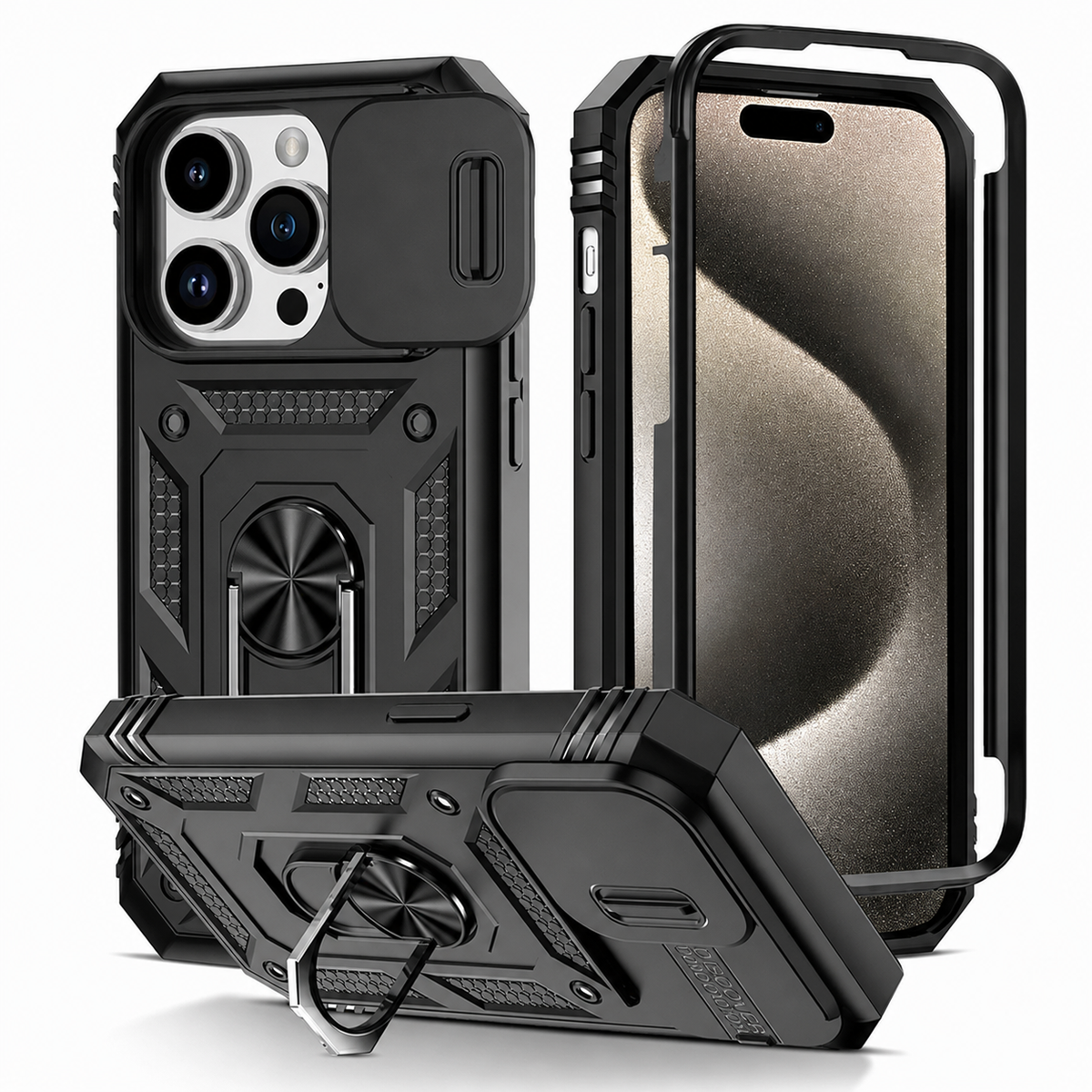 Premium iPhone Case Heavy Duty 360 Ring Kickstand Camera Lens Protection Full Coverage Anti Scratch Dustproof Shockproof Rugged Protective Cover