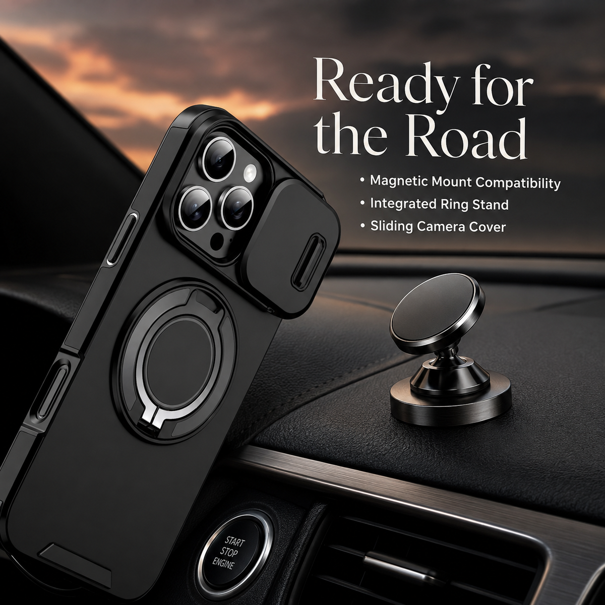 Premium iPhone Case Heavy Duty Armor Shockproof PC TPU Kickstand Car Mount Holder Anti Scratch Tough Full Coverage Rugged Protective Phone Cover Case