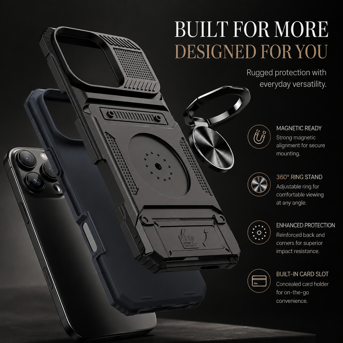 Premium iPhone Case Heavy Duty Magnetic Wallet Hidden Card Slot Rotating Ring Kickstand Shockproof PC TPU Anti Scratch Tough Protective Armor Cover