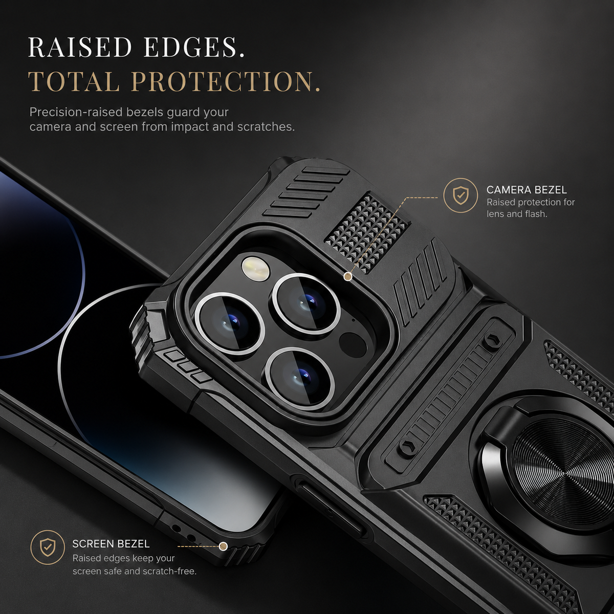 Premium iPhone Case Heavy Duty Magnetic Wallet Hidden Card Slot Rotating Ring Kickstand Shockproof PC TPU Anti Scratch Tough Protective Armor Cover