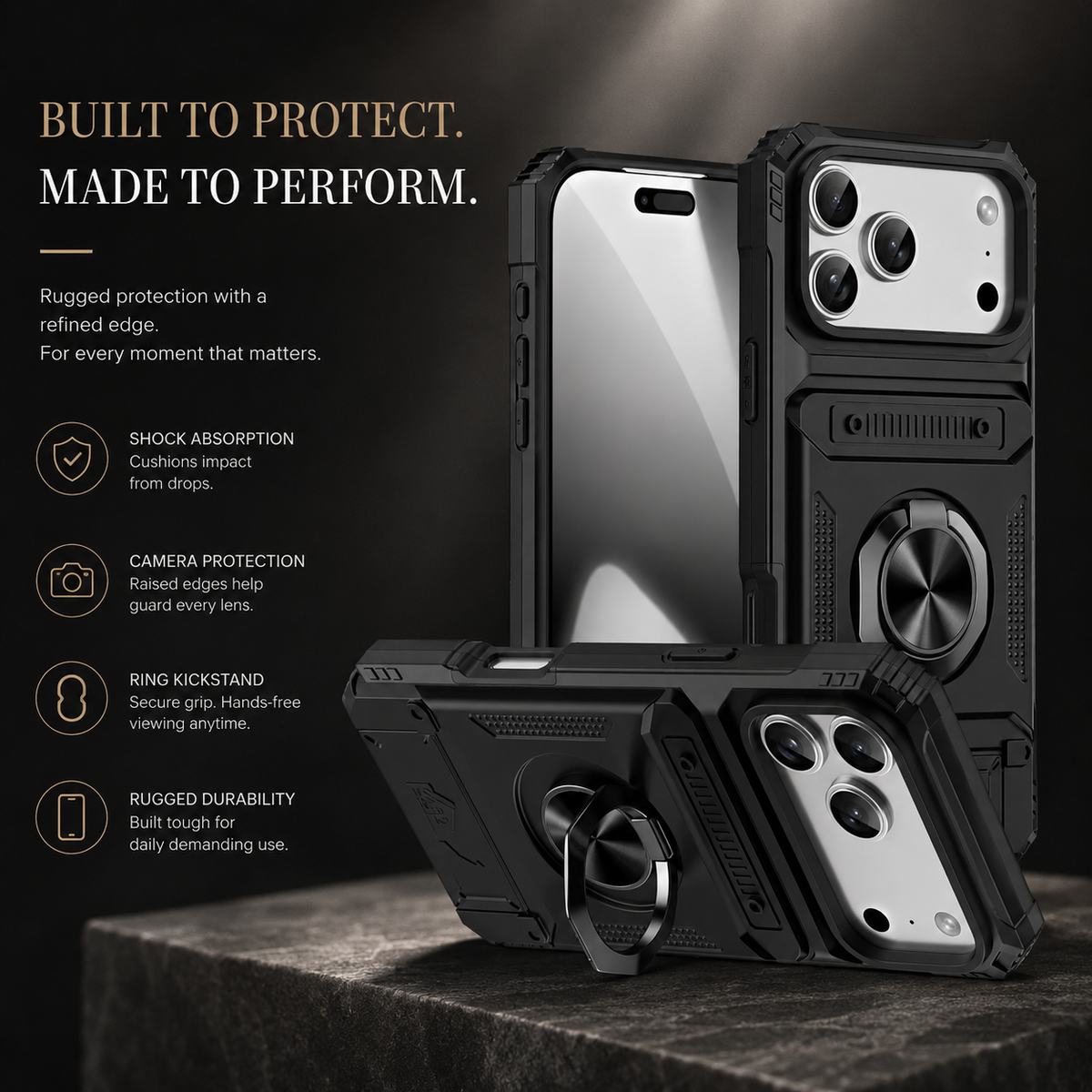 Premium iPhone Case Heavy Duty Magnetic Wallet Hidden Card Slot Rotating Ring Kickstand Shockproof PC TPU Anti Scratch Tough Protective Armor Cover