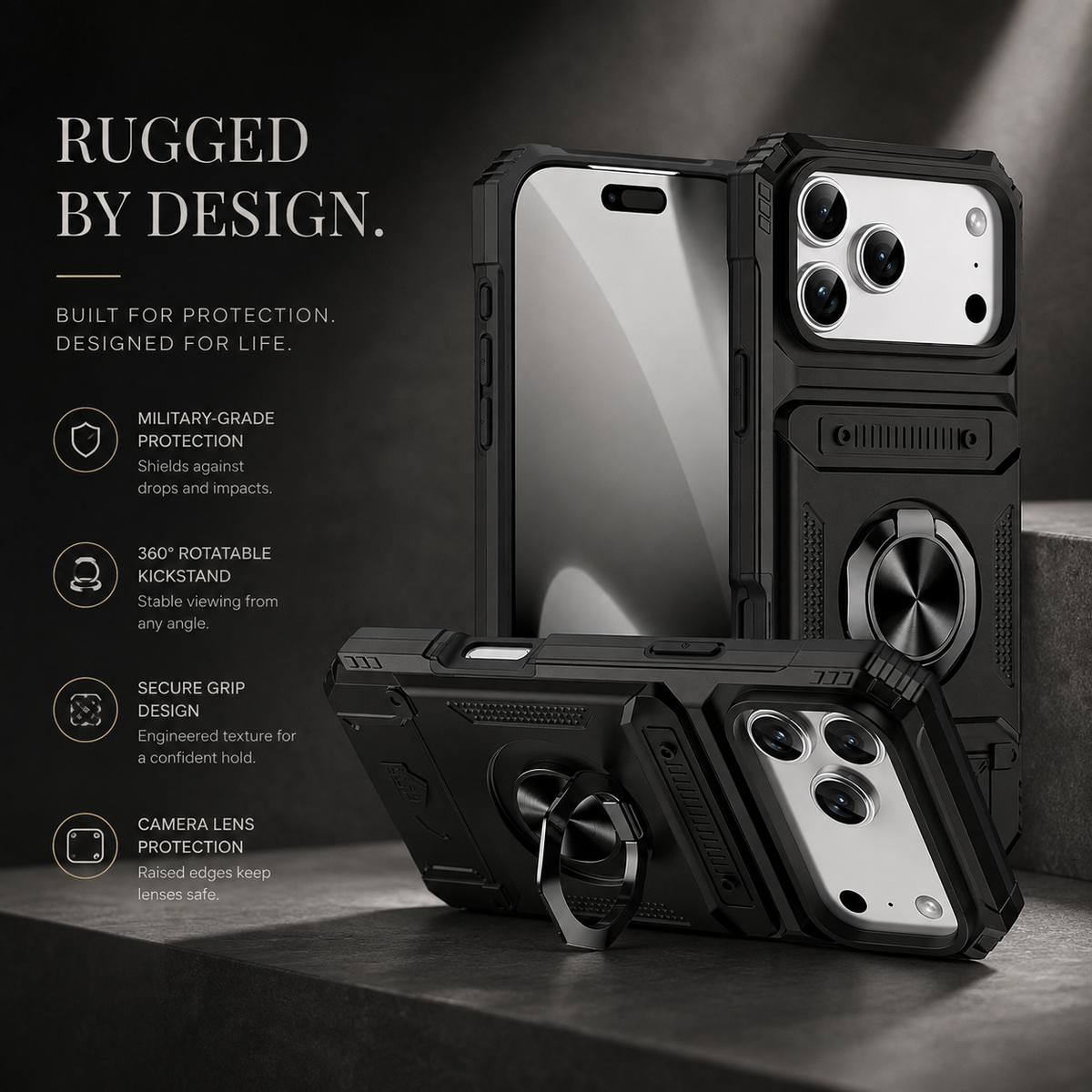 Premium iPhone Case Heavy Duty Magnetic Wallet Hidden Card Slot Rotating Ring Kickstand Shockproof PC TPU Anti Scratch Tough Protective Armor Cover