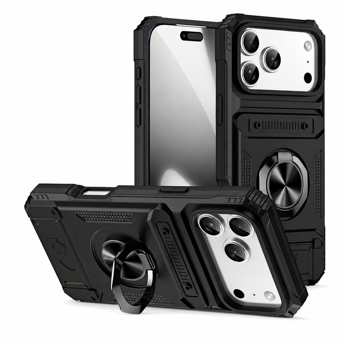 Premium iPhone Case Heavy Duty Magnetic Wallet Hidden Card Slot Rotating Ring Kickstand Shockproof PC TPU Anti Scratch Tough Protective Armor Cover