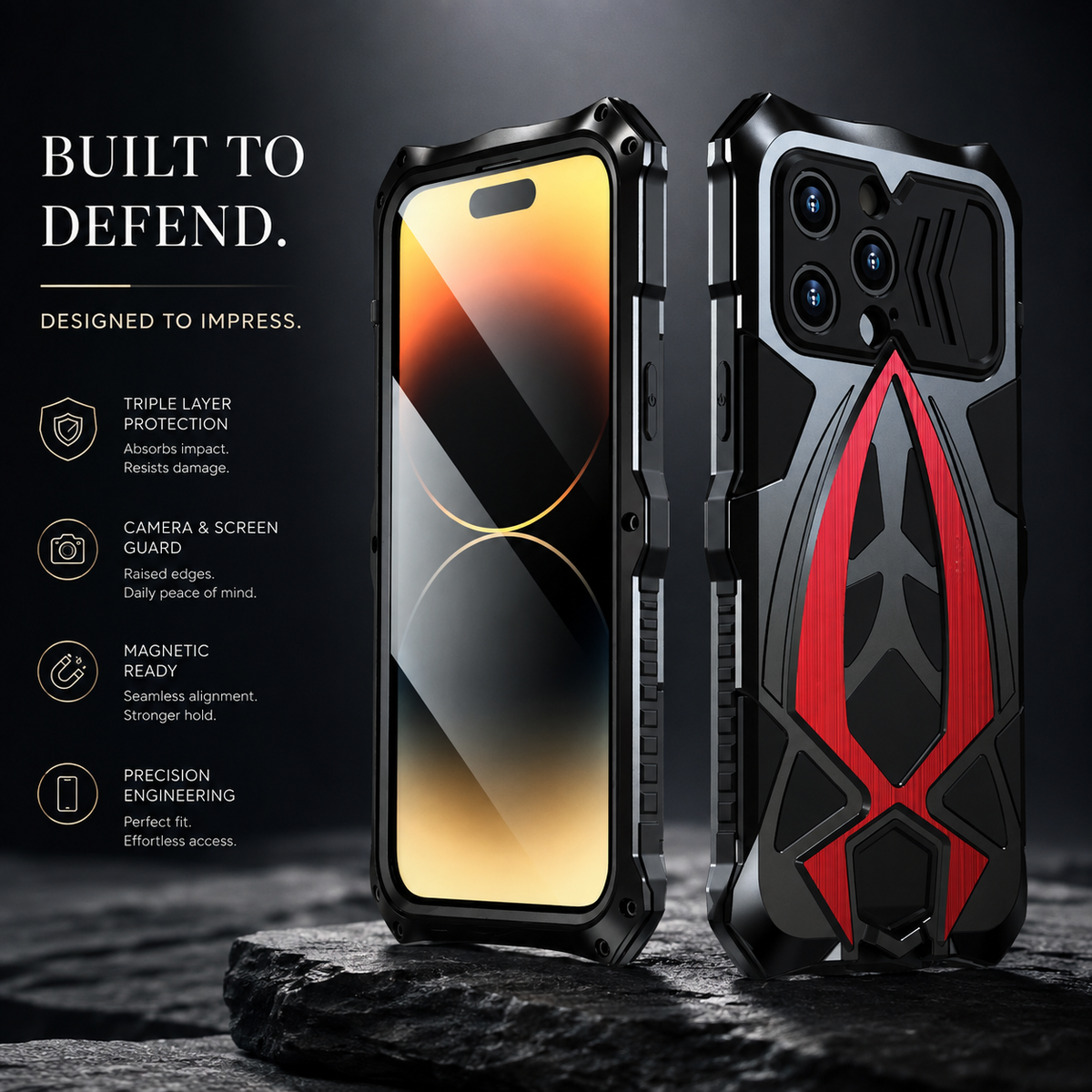 Premium iPhone Case Heavy Duty Metal Armor Shockproof Full Coverage Protective Cover Dual Layer Anti Scratch Matte Non Slip Tough Reinforced Defender Bumper