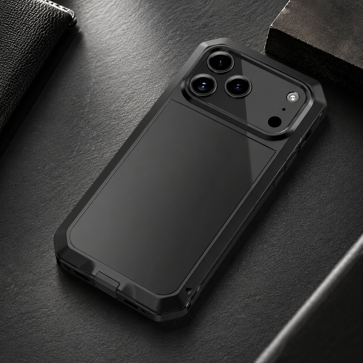 Premium iPhone Case Heavy Duty Metal Armor Shockproof Protective Cover Built In Glass Screen Protector PC TPU Anti Slip Reinforced Full Body Rugged