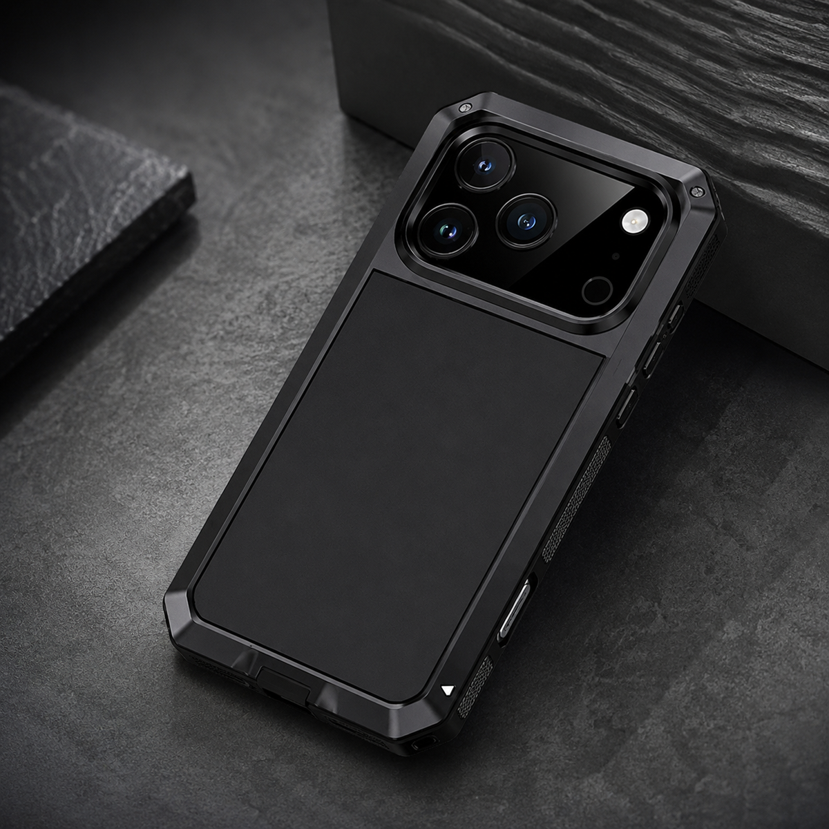 Premium iPhone Case Heavy Duty Metal Armor Shockproof Protective Cover Built In Glass Screen Protector PC TPU Anti Slip Reinforced Full Body Rugged
