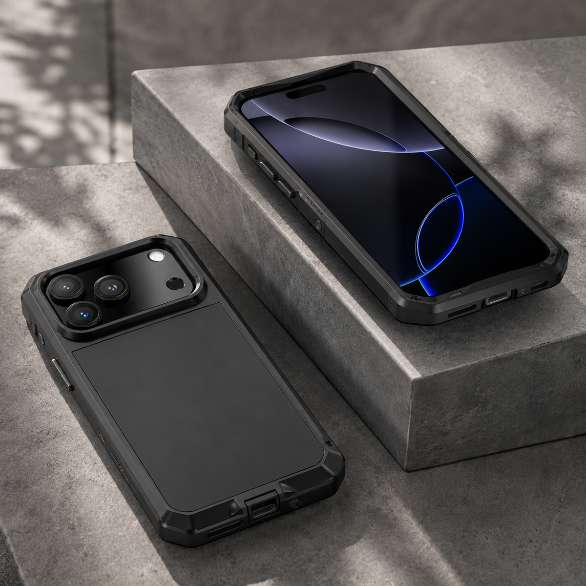 Premium iPhone Case Heavy Duty Metal Armor Shockproof Protective Cover Built In Glass Screen Protector PC TPU Anti Slip Reinforced Full Body Rugged