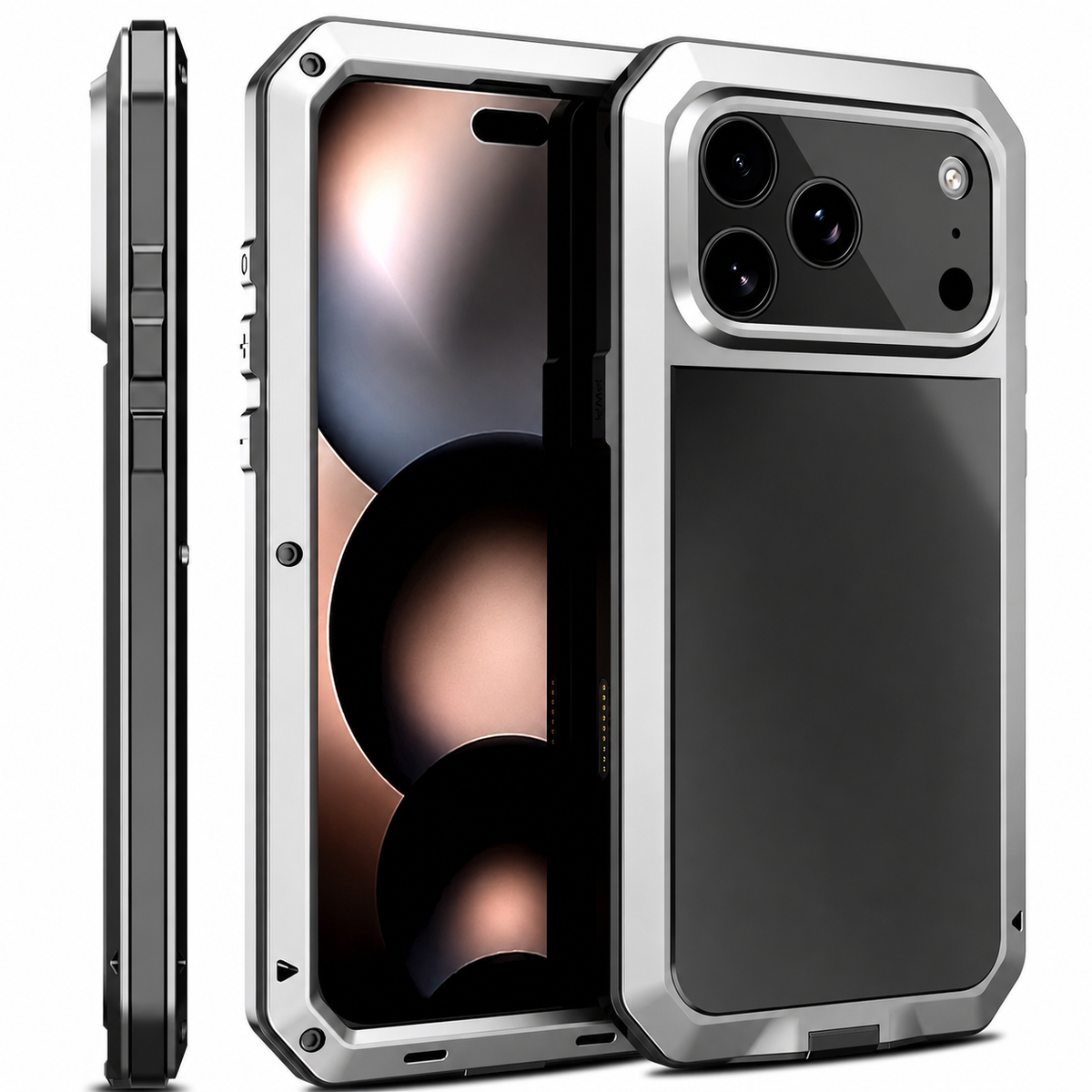 Premium iPhone Case Heavy Duty Metal Armor Shockproof Protective Cover Built In Glass Screen Protector PC TPU Anti Slip Reinforced Full Body Rugged