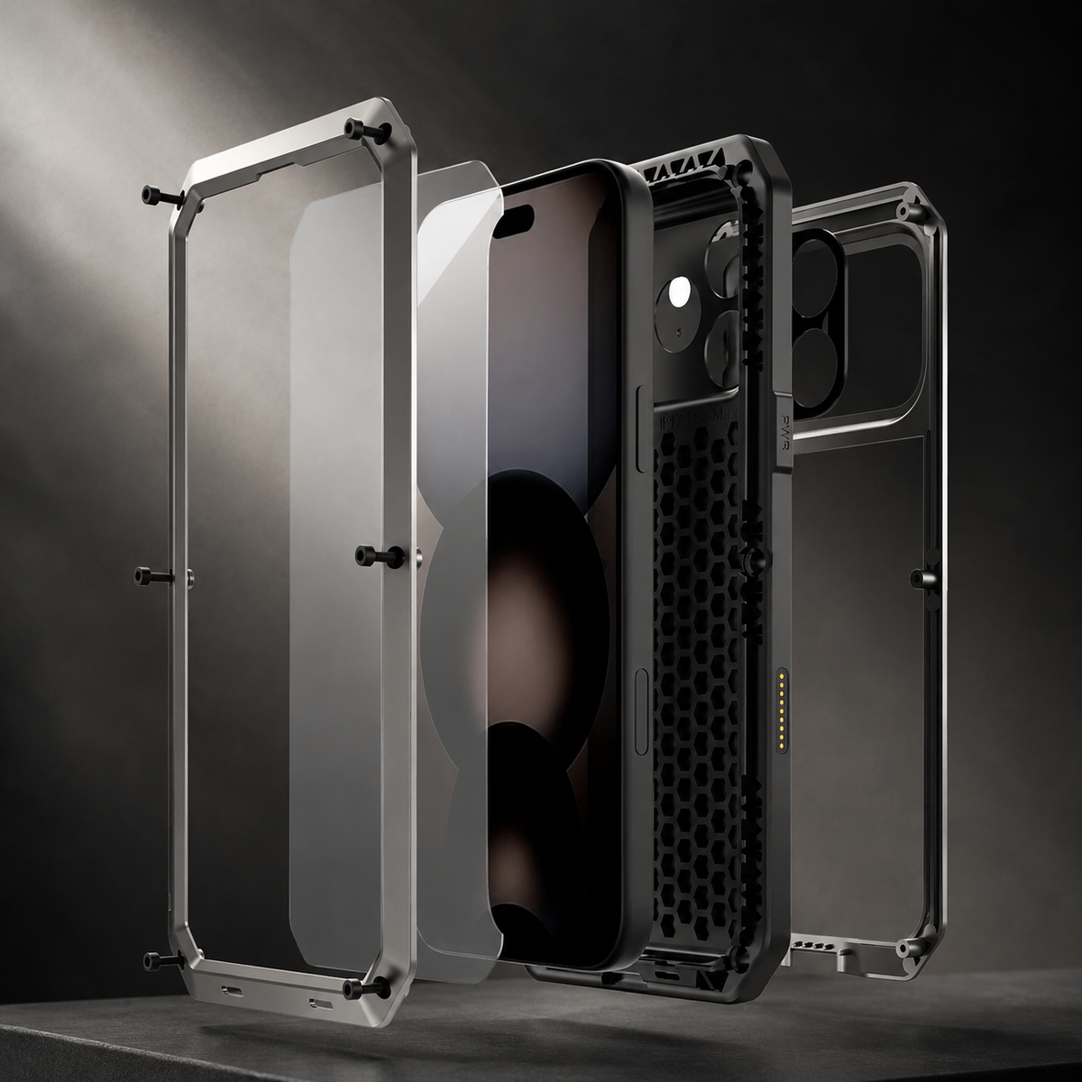 Premium iPhone Case Heavy Duty Metal Armor Shockproof Protective Cover Built In Glass Screen Protector PC TPU Anti Slip Reinforced Full Body Rugged