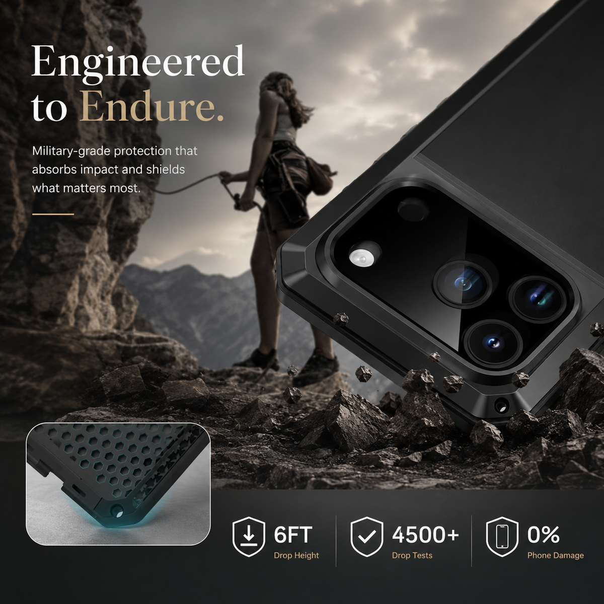 Premium iPhone Case Heavy Duty Metal Armor Shockproof Protective Cover Built In Glass Screen Protector PC TPU Anti Slip Reinforced Full Body Rugged