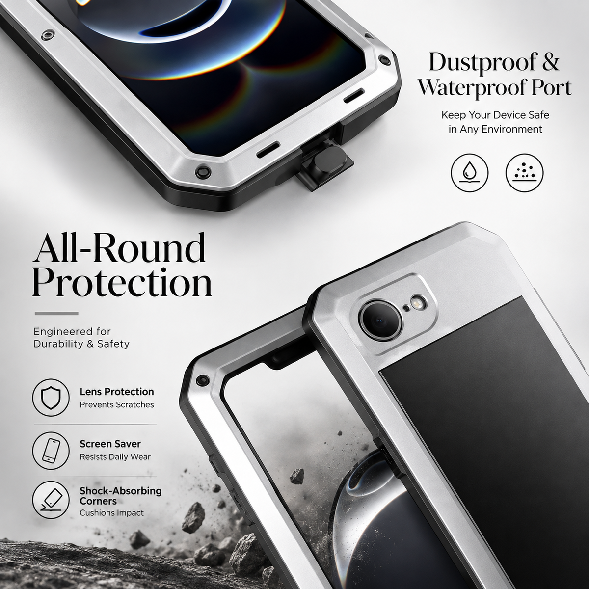 Premium iPhone Case Heavy Duty Metal Armor Shockproof Protective Cover Built In Glass Screen Protector PC TPU Anti Slip Reinforced Full Body Rugged