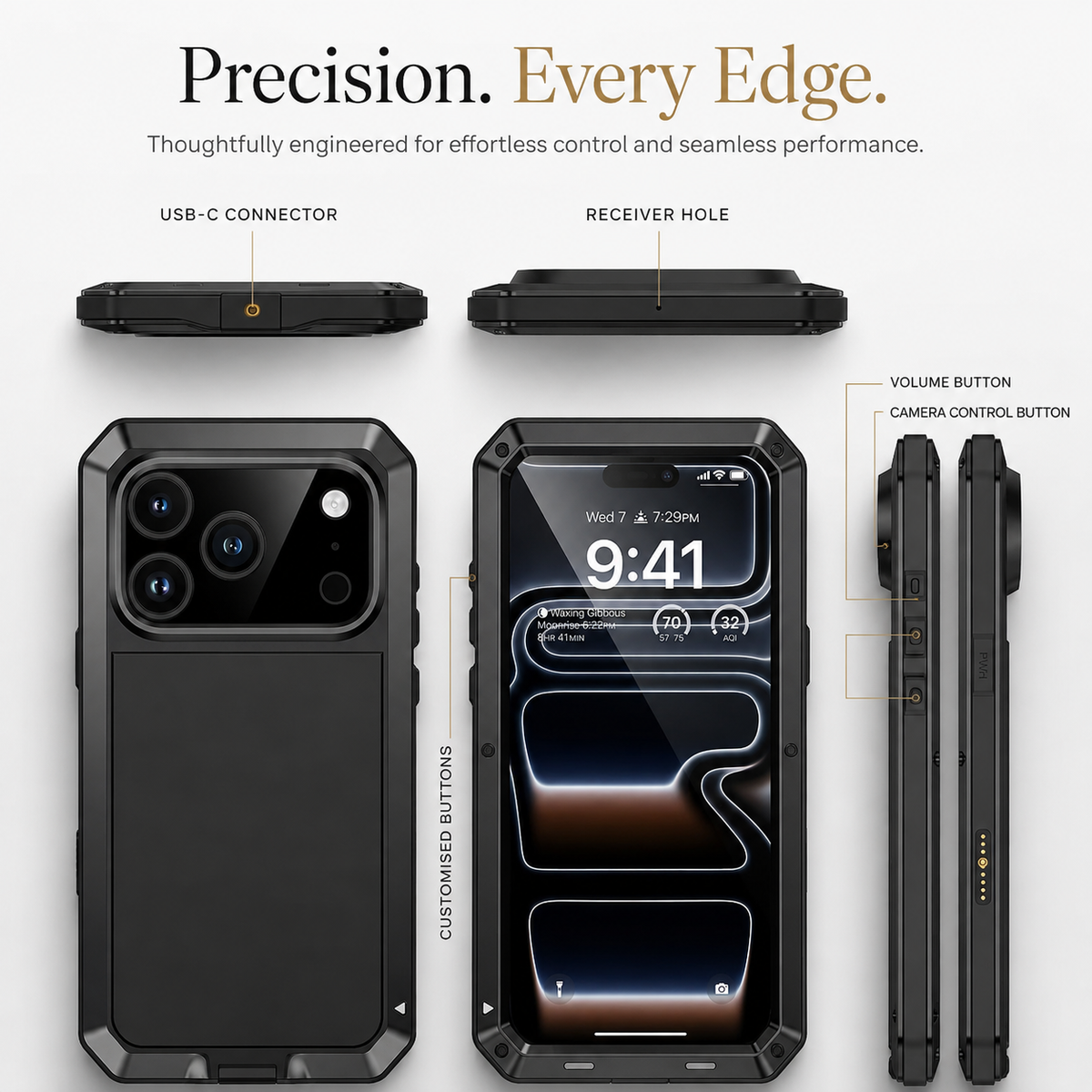 Premium iPhone Case Heavy Duty Metal Armor Shockproof Protective Cover Built In Glass Screen Protector PC TPU Anti Slip Reinforced Full Body Rugged