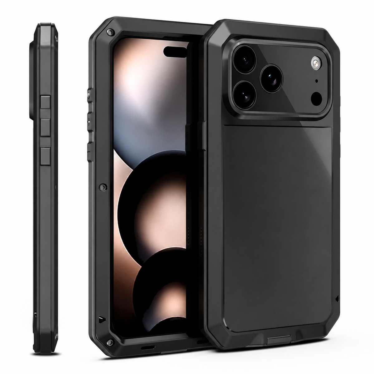 Premium iPhone Case Heavy Duty Metal Armor Shockproof Protective Cover Built In Glass Screen Protector PC TPU Anti Slip Reinforced Full Body Rugged