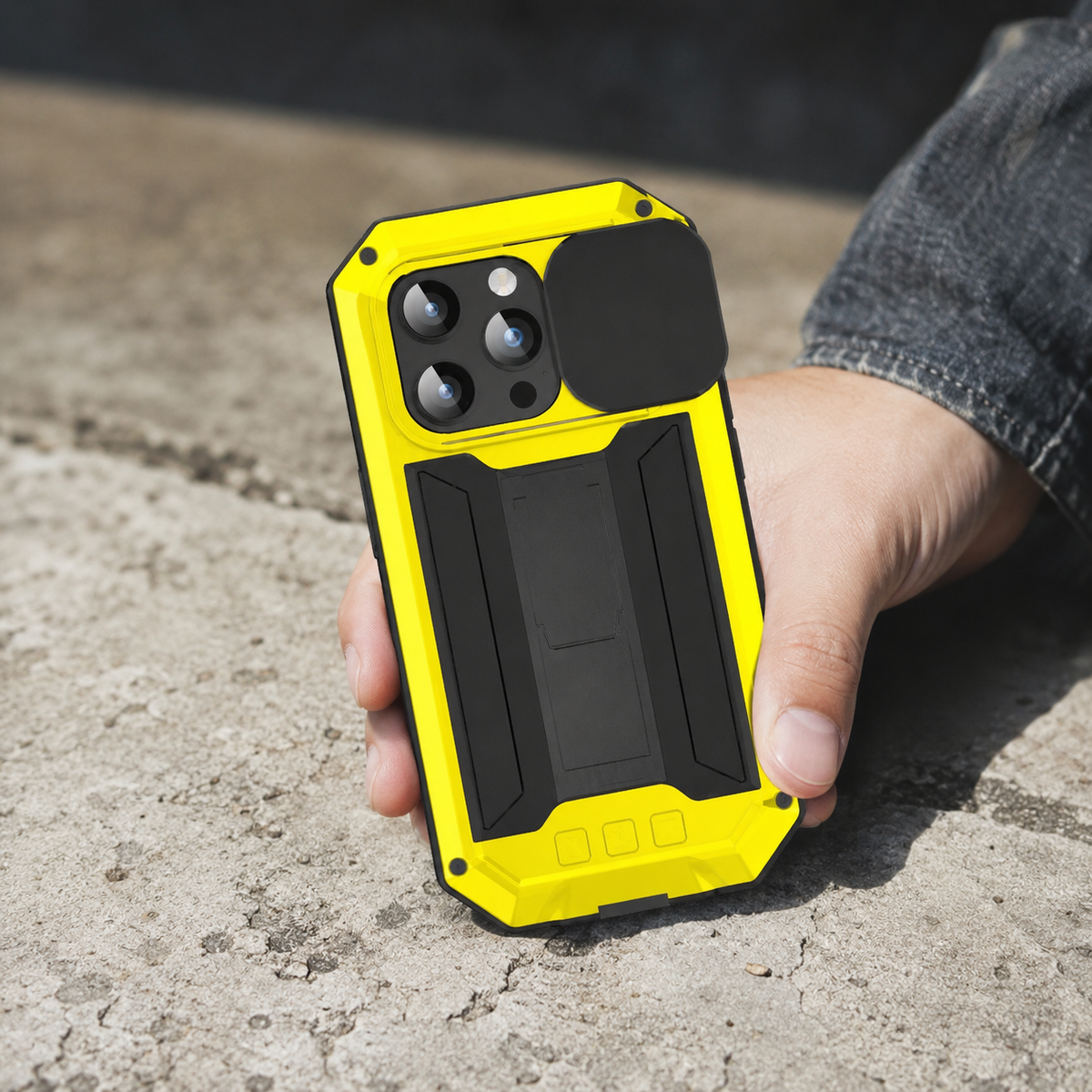 Premium iPhone Case Heavy Duty Metal Armor Shockproof Protective Cover Screen Protector Sliding Camera Guard Kickstand Full Body Anti Slip Reinforced