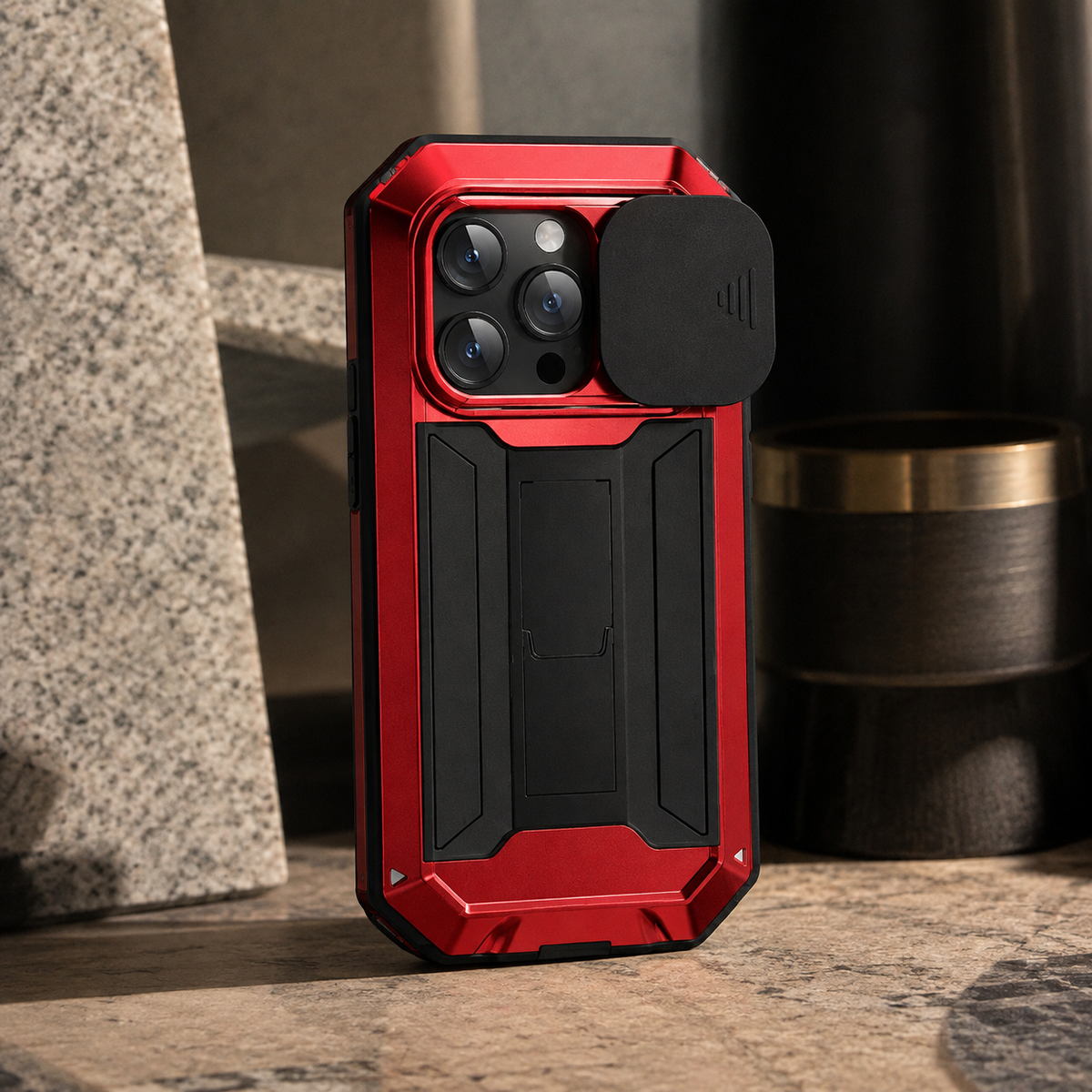 Premium iPhone Case Heavy Duty Metal Armor Shockproof Protective Cover Screen Protector Sliding Camera Guard Kickstand Full Body Anti Slip Reinforced