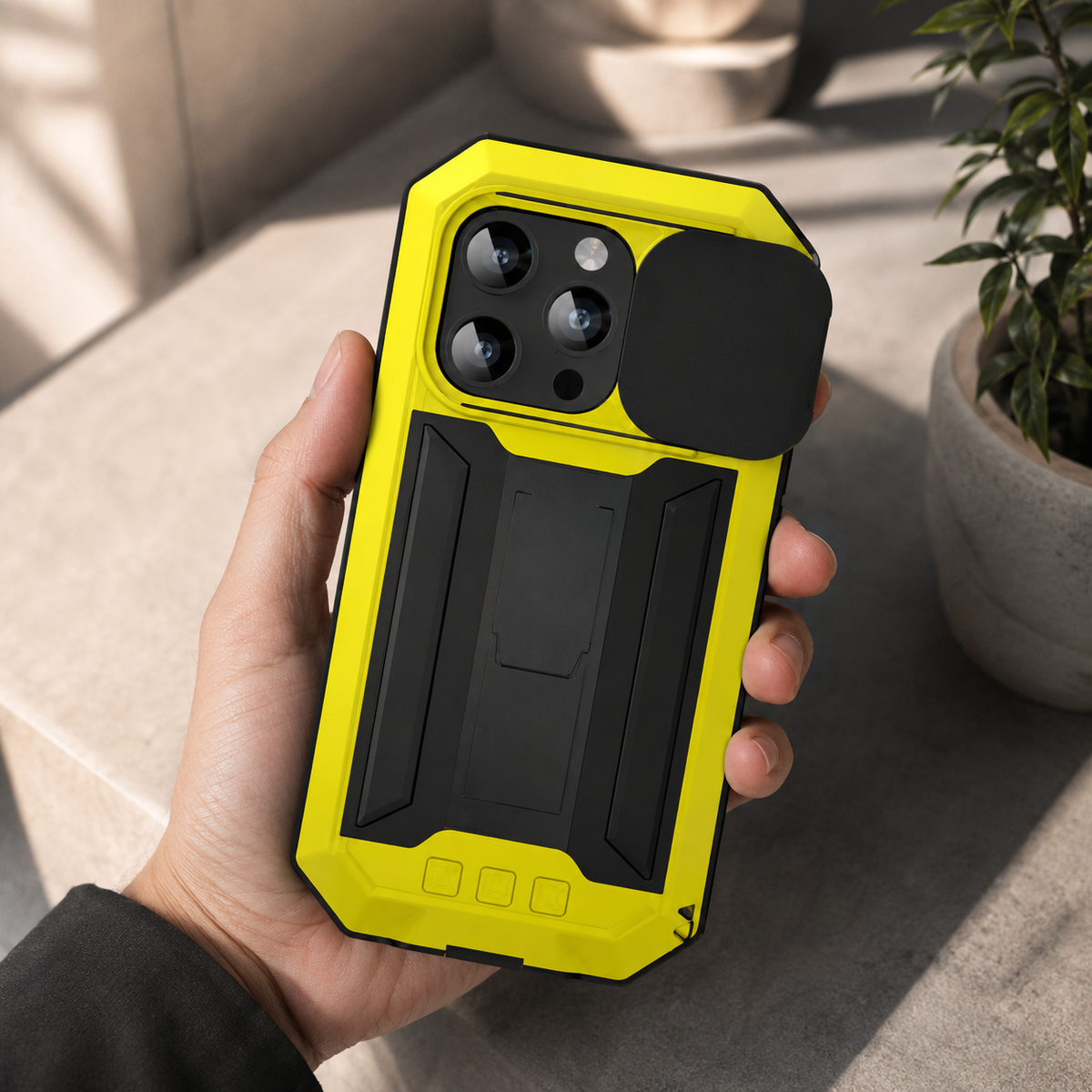 Premium iPhone Case Heavy Duty Metal Armor Shockproof Protective Cover Screen Protector Sliding Camera Guard Kickstand Full Body Anti Slip Reinforced