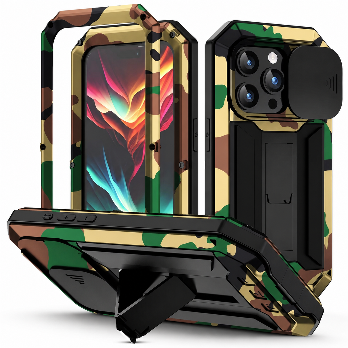 Premium iPhone Case Heavy Duty Metal Armor Shockproof Protective Cover Screen Protector Sliding Camera Guard Kickstand Full Body Anti Slip Reinforced