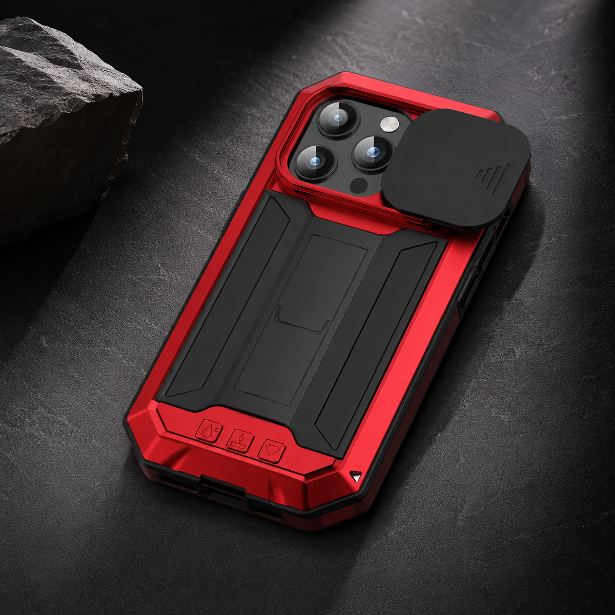 Premium iPhone Case Heavy Duty Metal Armor Shockproof Protective Cover Screen Protector Sliding Camera Guard Kickstand Full Body Anti Slip Reinforced
