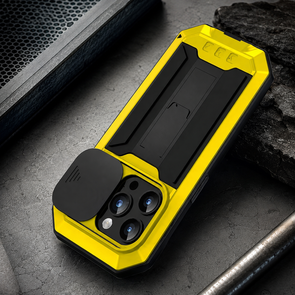 Premium iPhone Case Heavy Duty Metal Armor Shockproof Protective Cover Screen Protector Sliding Camera Guard Kickstand Full Body Anti Slip Reinforced